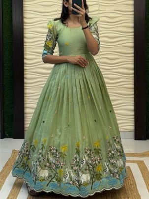 Soft Crush Gown with Pichwai & Bird Embroidery and Sequin Work