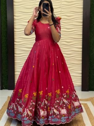 Soft Crush Gown with Pichwai & Bird Embroidery and Sequin Work