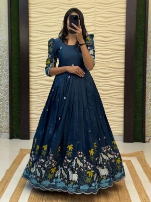 Soft Crush Gown with Pichwai & Bird Embroidery and Sequin Work