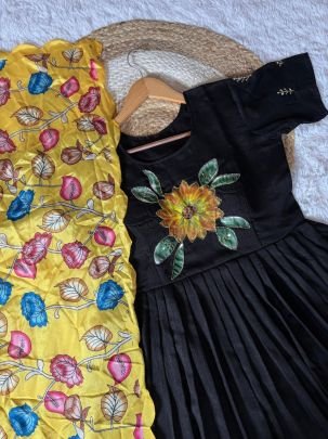 Soft Vichitra Brush Print Gown with Khatli Handwork & Kalamkari Chinon Dupatta