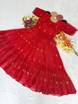 Summer Special Floral Embroidery Kota Checks Midi Gown