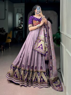 Tasar Silk Gamthi Work Navratri Lehenga Set