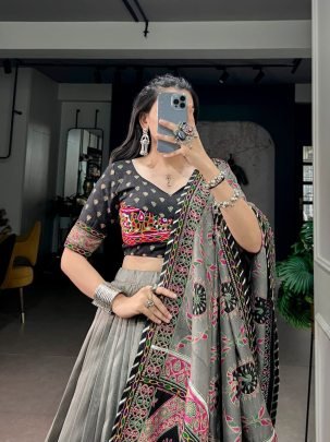 Tasar Silk Gamthi Work Navratri Lehenga Set
