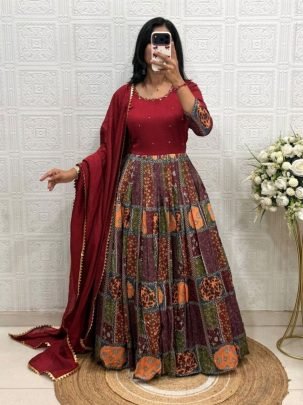 Vichitra Silk   Muslin Handwork Gown
