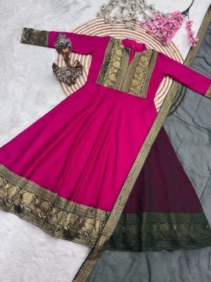 Vichitra Silk Zari Border Anarkali Set