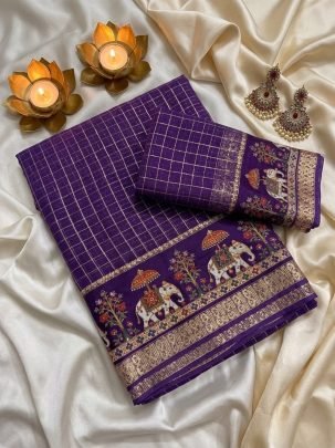 Viscose Georgette Checks 3D Digital Print Saree with Running Blouse