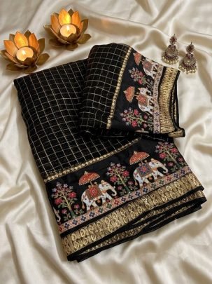 Viscose Georgette Checks 3D Digital Print Saree with Running Blouse
