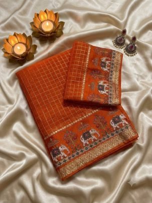 Viscose Georgette Checks 3D Digital Print Saree with Running Blouse