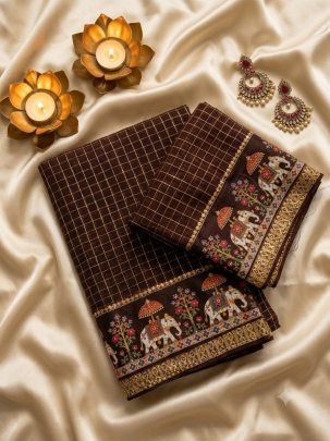 Viscose Georgette Checks 3D Digital Print Saree with Running Blouse
