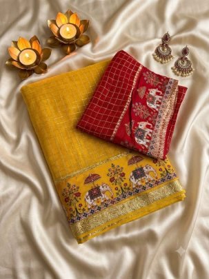 Viscose Georgette Checks 3D Digital Print Saree with Running Blouse