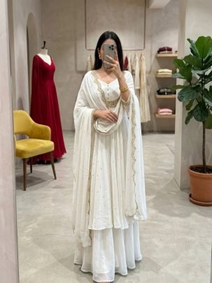 White Vichitra Silk Embroidered Gown Set