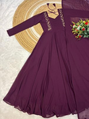 Wine Faux Georgette Party Wear Gown Set